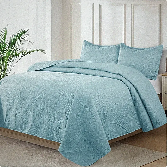 3 Piece Embossed Quilted Bedspread Set Twin Queen King Size Coverlet Bed Throws