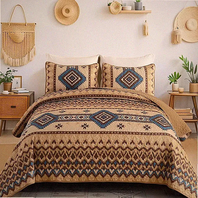 Brown Boho Quilt Set Queen，3 Pieces Aztec Texture Bedspread Southwestern Coverle