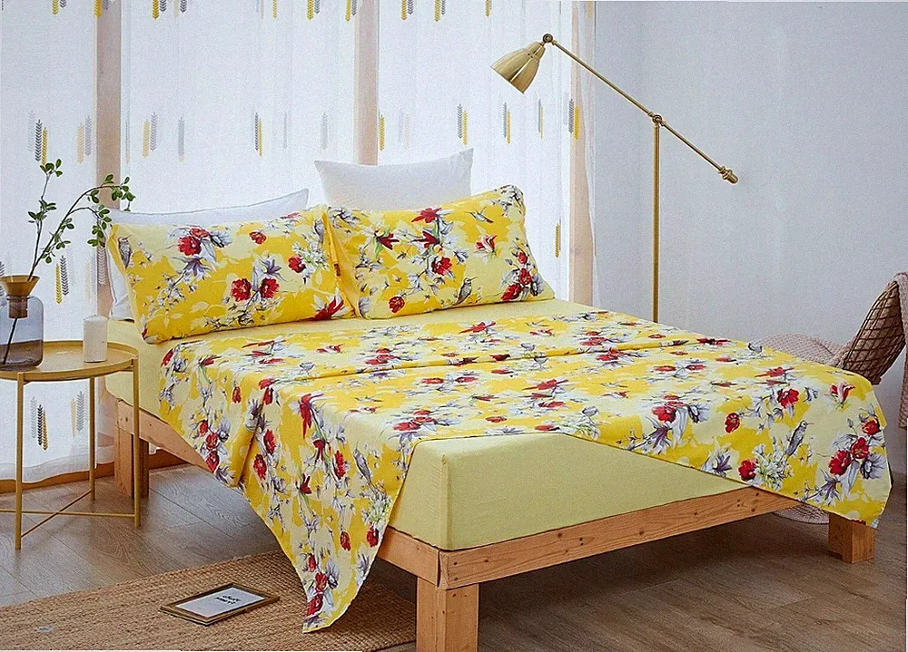 DaDa Bedding Sunshine Yellow Hummingbirds Floral Fitted & Flat Bed Sheets Set