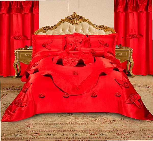 Elegant Ruffled Embroidered Bedspread Set – 7‑Piece Wedding Set Red