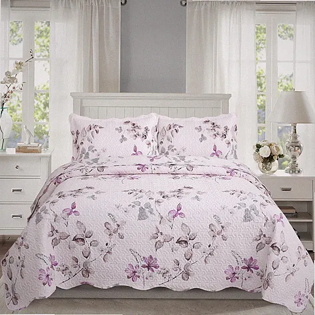 Embossed Pinsonic Bedspread Coverlet Printed Quilt Set Modern Purple Leaves Pink